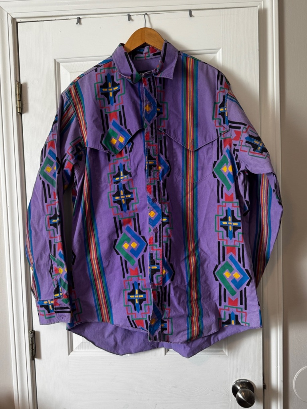 Vintage 90s Wrangler Brushpopper Shirt Purple Aztec Geometric Men’s 17-36